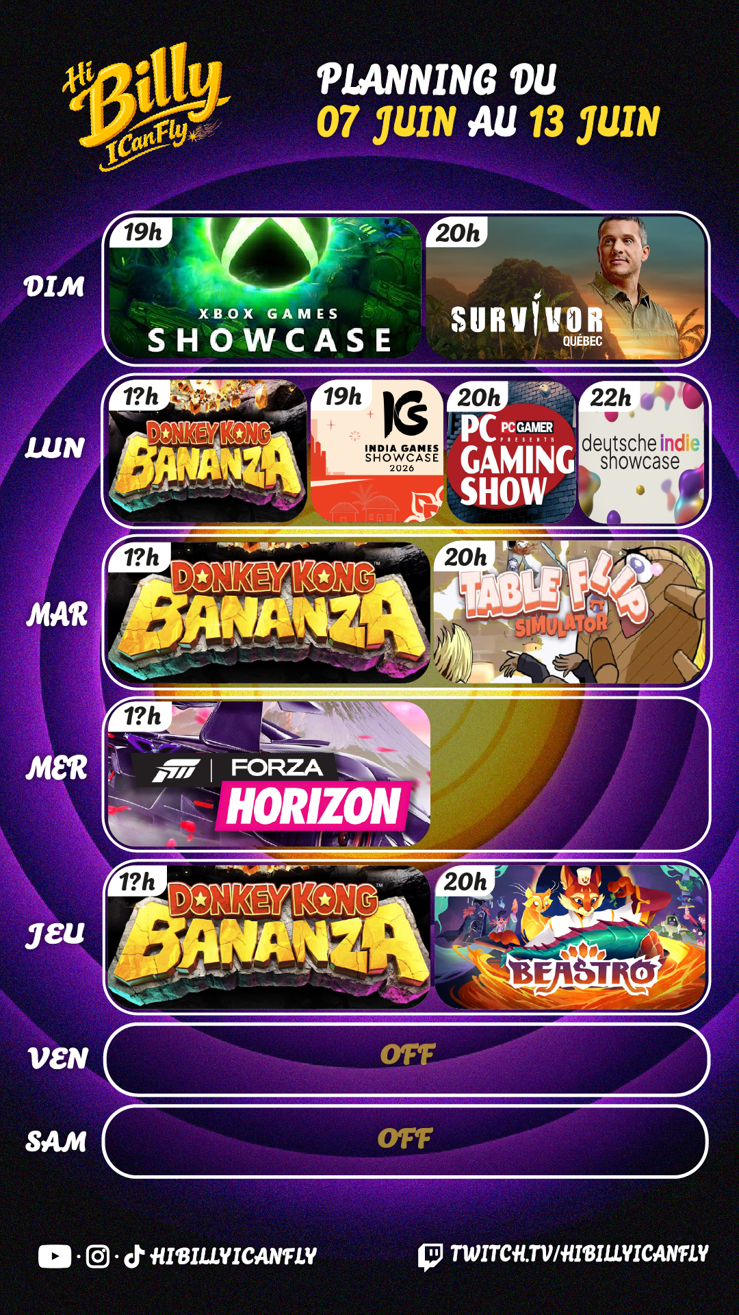 Planning des streams de la semaine